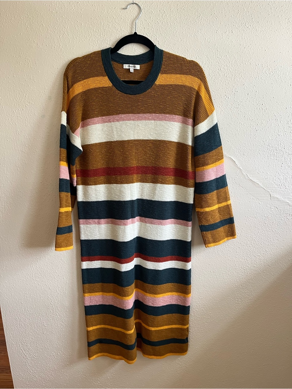 Madewell Striped Knit Crewneck Sweater Dress in Mustard, Navy & Cream